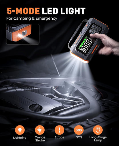 Starthulp Powerbank – Auto Booster – Noodstarter – Accu Starter – Powerbank 26800mAh – 7000A Piekstroom – Ingebouwde Compressor 160 PSI – 14-in-1 Noodkit Met 5 LED Lichtstanden