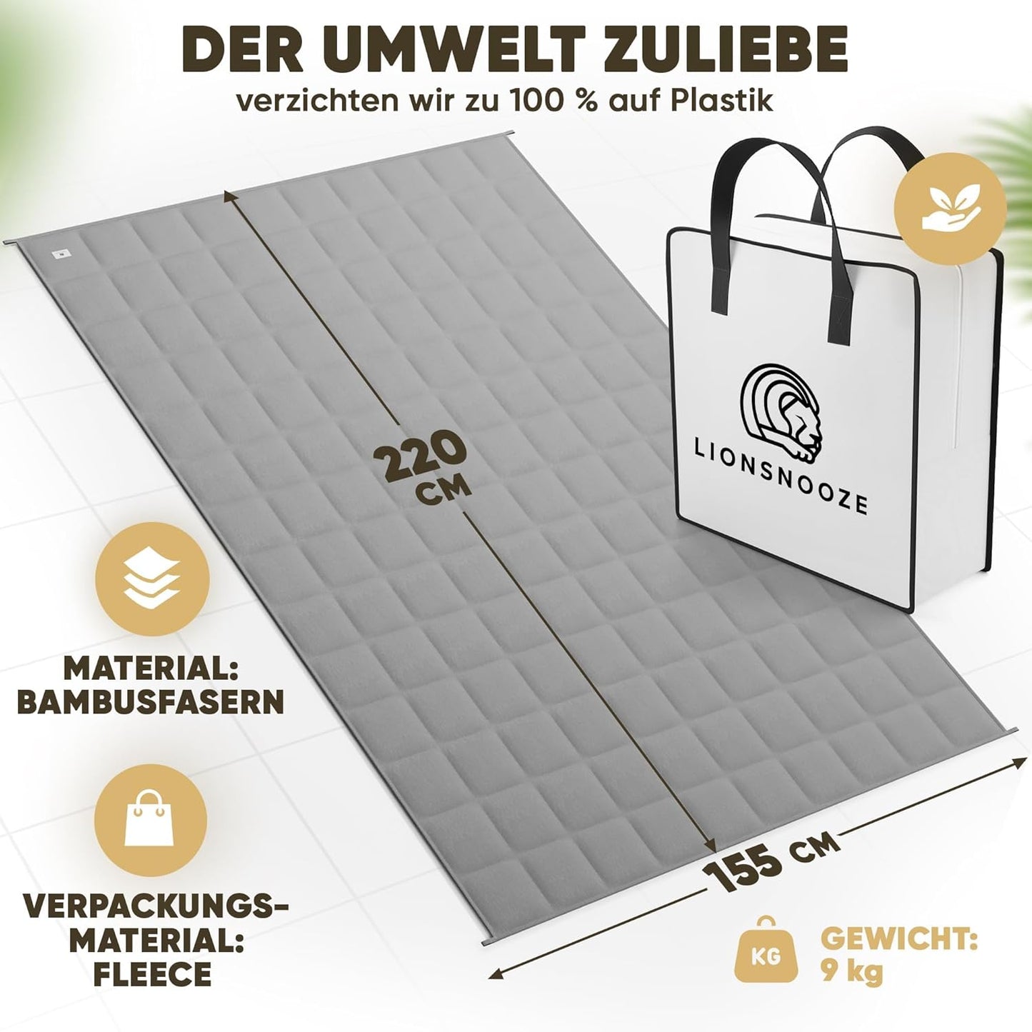 Lionsnooze Verzwaringsdeken, therapiedeken (9 kg), 155 x 220 cm, zware deken voor een goede nachtrust, 2-in-1 knuffeldeken van bamboevezel, hypoallergeen, met glaskralen