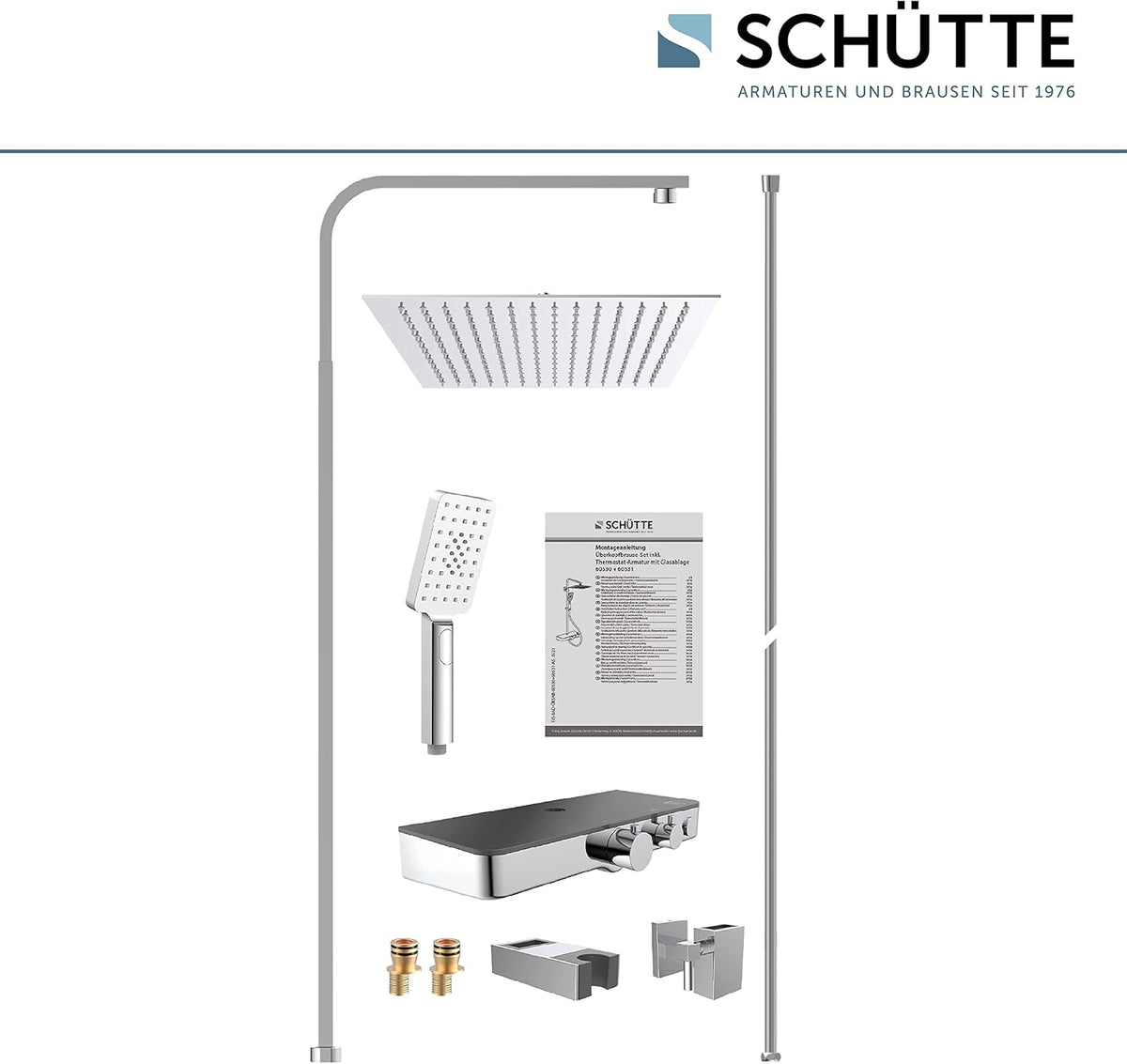 SCHÜTTE Ocean 60531 Douchesysteem met thermostaat en glazen legplank, doucheset met 30 x 30 cm, regendouche met wandhouder en douchekop, chroom/antraciet