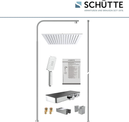 SCHÜTTE Ocean 60531 Douchesysteem met thermostaat en glazen legplank, doucheset met 30 x 30 cm, regendouche met wandhouder en douchekop, chroom/antraciet