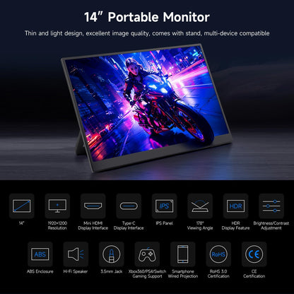 LUCKFOX 14" Portable Monitor with Stand - Plug&Play 1920x1200 WUXGA FHD Ultra Thin/Light USB-C HDMI Second Monitor 178° Viewing Dual-Track HiFi Speaker for Raspberry Pi/Jetson/PC/Game Console/Phone - QUORE