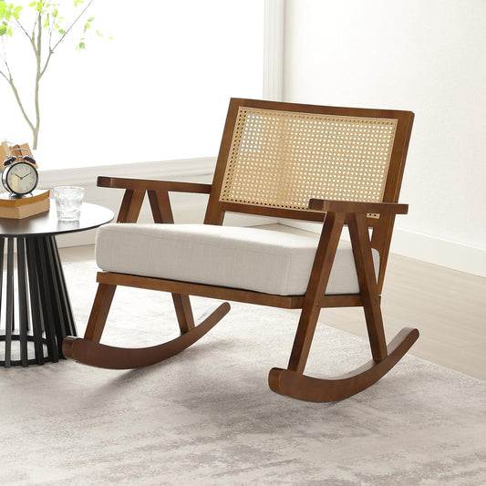 chairus Upholstered Rocking Chair for Living Room Linen Relax Chair with Rattan Backrest Leisure Lounge Recliner with Solid Wood Legs Bedroom (Brown)