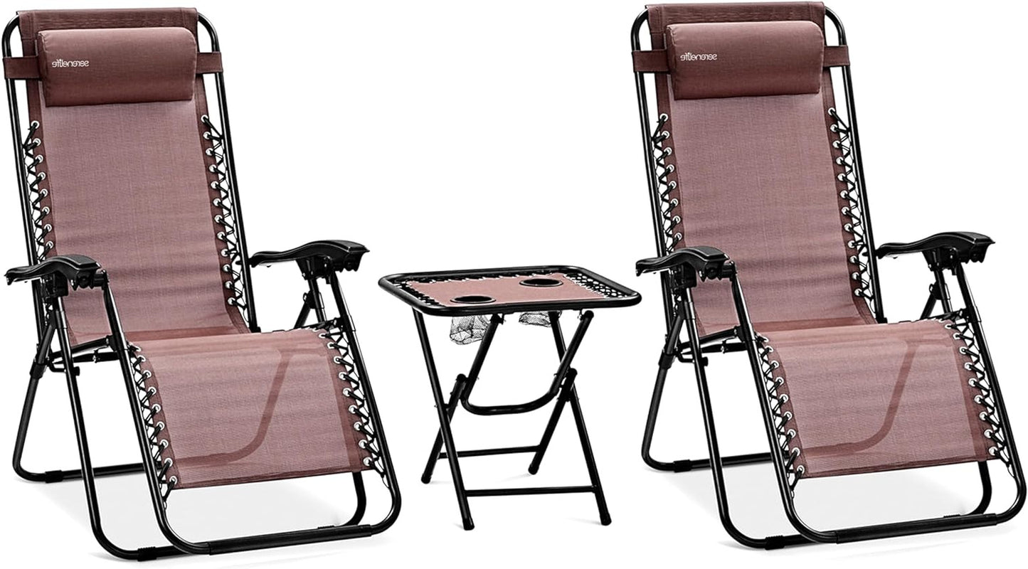 Serenelife Sun Lounger, Set of 2 Sun Loungers - Adjustable Garden Loungers with Side Table, 2 Cup Holders and Removable Cushions - Foldable and Portable Lounge Chairs for Terrace, Garden, Beach - Brown - QUORE