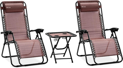 Serenelife Sun Lounger, Set of 2 Sun Loungers - Adjustable Garden Loungers with Side Table, 2 Cup Holders and Removable Cushions - Foldable and Portable Lounge Chairs for Terrace, Garden, Beach - Brown - QUORE