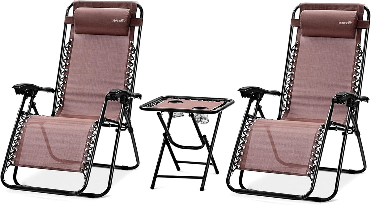 Serenelife Ligstoel, Set van 2 Ligstoelen - Verstelbare Tuinligstoelen met Bijzettafel, 2 Bekerhouders en Afneembare Kussens - Opvouwbare en Draagbare Loungestoelen voor Terras, Tuin, Strand - Bruin