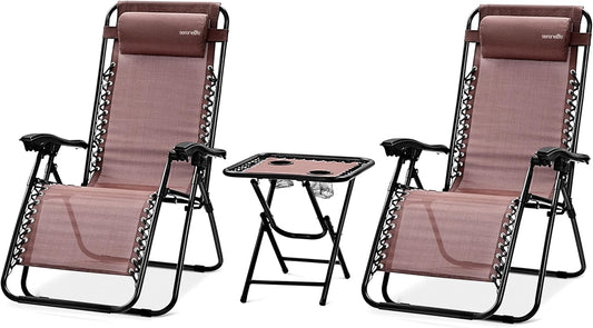 Serenelife Ligstoel, Set van 2 Ligstoelen - Verstelbare Tuinligstoelen met Bijzettafel, 2 Bekerhouders en Afneembare Kussens - Opvouwbare en Draagbare Loungestoelen voor Terras, Tuin, Strand - Bruin