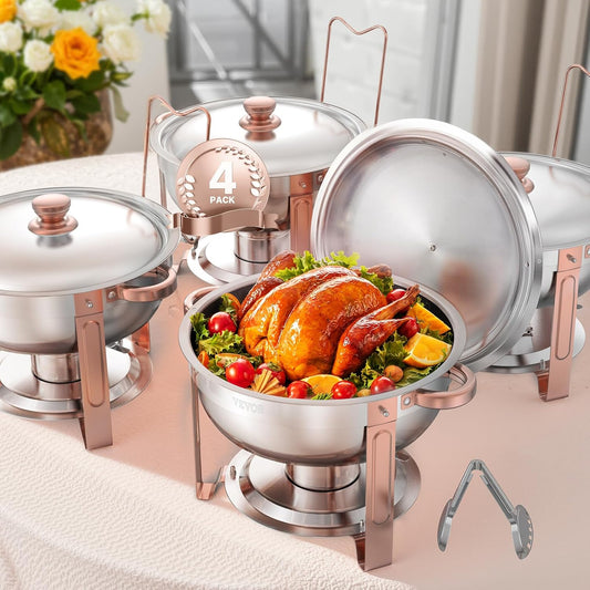 VEVOR Buffetwarmer met 4 pannen in volledige grootte, ronde catering-warmtedispenser met deksel, brandstofcontainer en waterschaal voor bruiloften, feesten, roségoud 4,7 l
