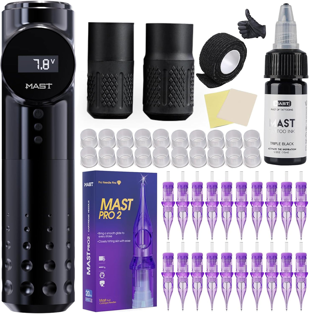 Mast Archer Tattoo Kit Wireless Rotary Tattoo Gun Pen Machine with 2pcs Grips 20pcs Tattoo Cartridges Needlefor Tattoo Studio Art