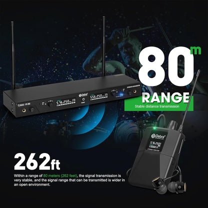 D Debra ST-202 UHF Draadloos In-ear Monitor Systeem met Stereo, Dubbel Kanaal voor Podium, Studio en Band (2 pocket-ontvangers)