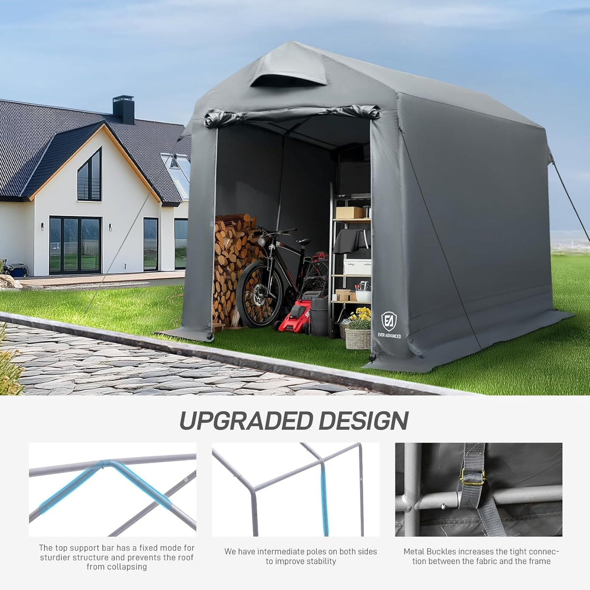 EVER ADVANCED gereedschapsschuur 9,8m³ gereedschapstent 230x190x225cm, waterdichte fietsgarage met 2 ventilatieopeningen, fietsschuur multifunctionele, grijs