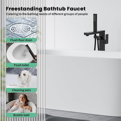 FAHKNS Tub Filler Freestanding Bathtub Faucet Matte Black Floor Mounted Tub Filler Faucet High Flow Brass Tap With Hand Shower