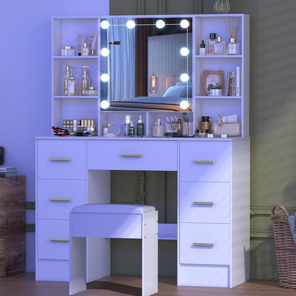 Large Dressing Table with Lights and Stool, 3 Colour Temperatures and Adjustable Brightness, Dressing Table with Mirror for Makeup, Makeup Table with 7 Drawers, Modern, White - QUORE