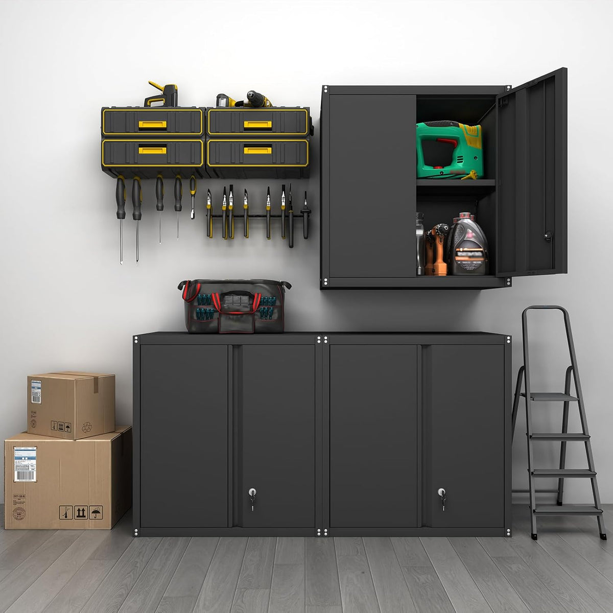 GREATMEET Metal Hanging Cabinet, Tool Cabinet with Swing Door, Wall-Mounted Garage Storage Cabinets with 1 Adjustable Shelf and 2 Doors, Steel Cabinet for Garage, Office and Home, Black - QUORE