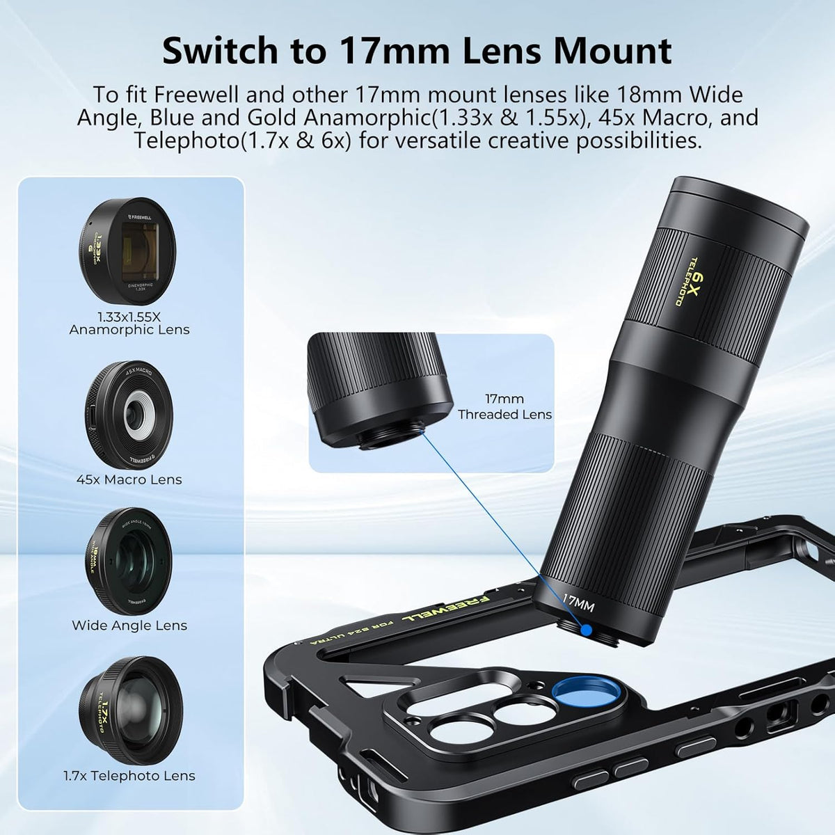 Freewell Genius Rig Cage voor Samsung S25 Ultra - gereedschapsvrije installatie, statief- en monopod-handgrepen, Bluetooth-afstandsbediening, flexibele bevestigingen voor professioneel filmen
