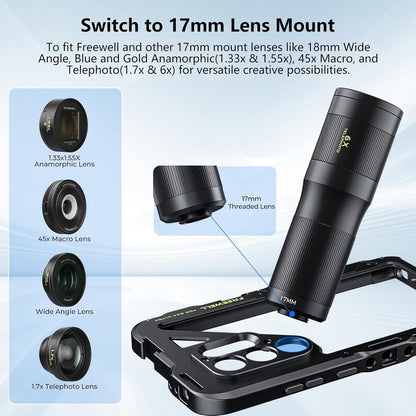 Freewell Genius Rig Cage voor Samsung S25 Ultra - gereedschapsvrije installatie, statief- en monopod-handgrepen, Bluetooth-afstandsbediening, flexibele bevestigingen voor professioneel filmen