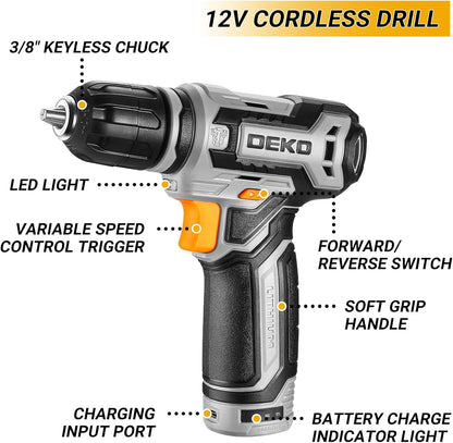Tool Kit Box Boor Set: DEKO Home Mechanic Toolbox met 12V Power Draadloze Boor Hand Reparatie Gereedschap Sets Combo Kits Opslag Organizer Lade Case voor Mannen
