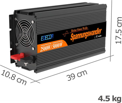 EDECOA Omvormer Zuivere Sinus 2500W Spanningsomvormer 12v 220v 230v met LCD-scherm, EU stopcontacten,USB-poorten en Afstandsbediening Stroomomvormer 5000W Autolader