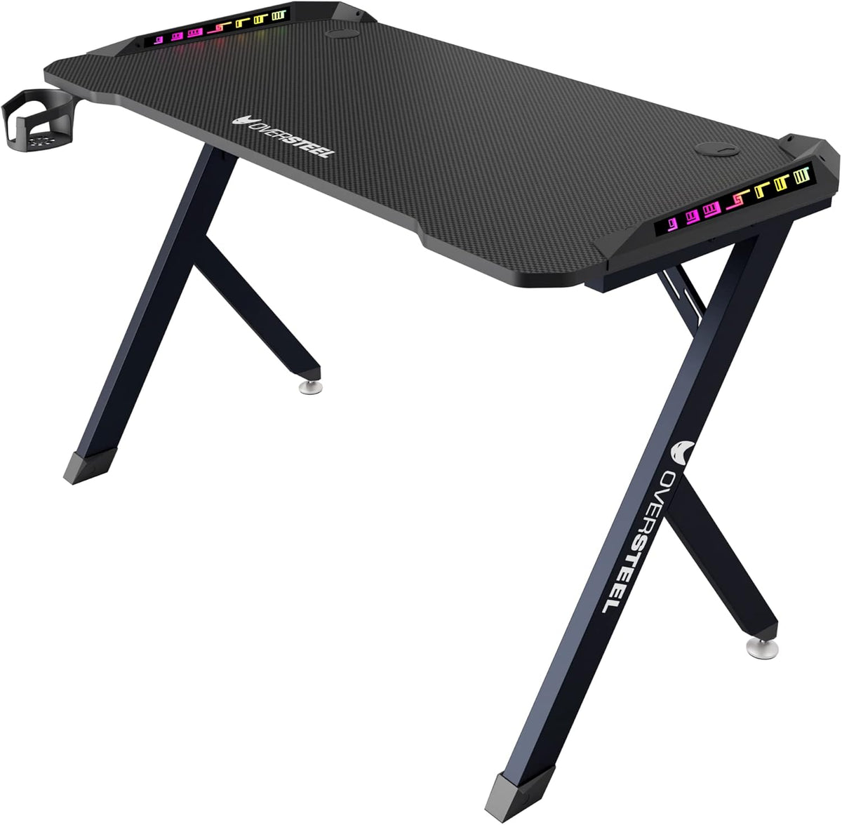 Oversteel - Vitallium Gaming Tafel 120x60x75 cm, RGB LED Licht, Carbon Fiber Oppervlak, Ergonomisch, Beker- en Headsethouder, Computer Bureau, Zwart
