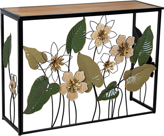 DRW Consoletafel van metaal en hout met bloemen, aarde en groentinten, 37 x 108 x 80 cm