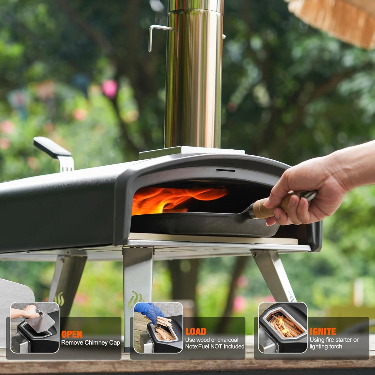 Mimiuo Draagbare Pizzaoven voor Buiten met 33cm Vierkante Pizzasteen, Mobiele Pizzaoven voor Houtskool en Brandhout, Houtgestookte Pizzaoven voor Tuin, Camping, Pizza Oven