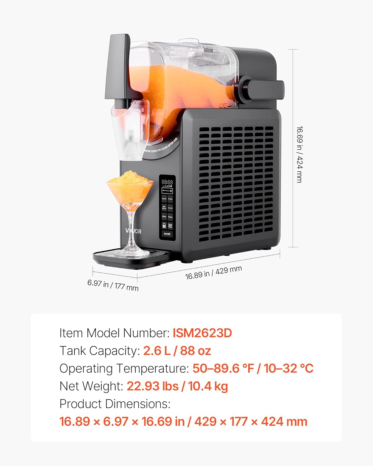 VEVOR Slushy-machine met tank, 2,6 l, geen ijs, zelfreinigend, slush-machine met 5 vooraf ingestelde programma's voor bevroren margerita's, frappés, smoothies