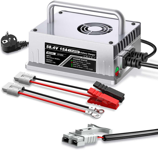LiFePO4 Oplader – Batterijlader – Acculader – Snellader – 48 V Lithium-IJzerfosfaat – 58,4 V 15 A – Beveiligd Laden – Automatische Stopfunctie