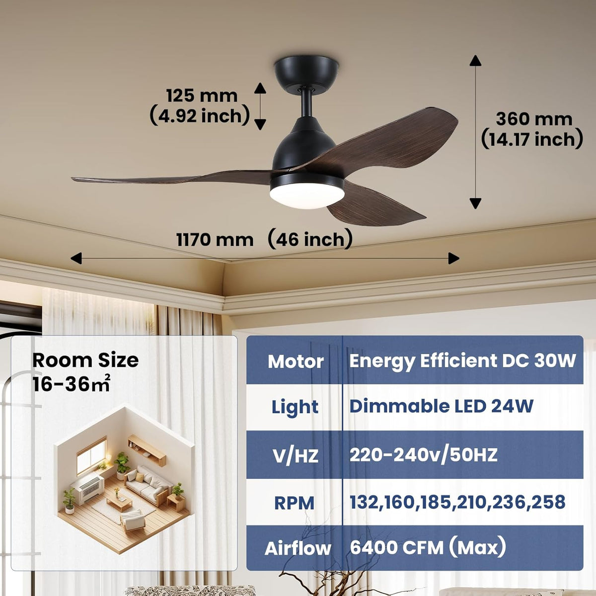 Newday Plafondventilator met Licht en Afstandsbediening, 116cm Zwart Houten Kleur Plafondventilator met Lampen Dimbaar, Rustige Omkeerbare DC Plafondventilator met Slaapmodus voor SlaapkamerTerras