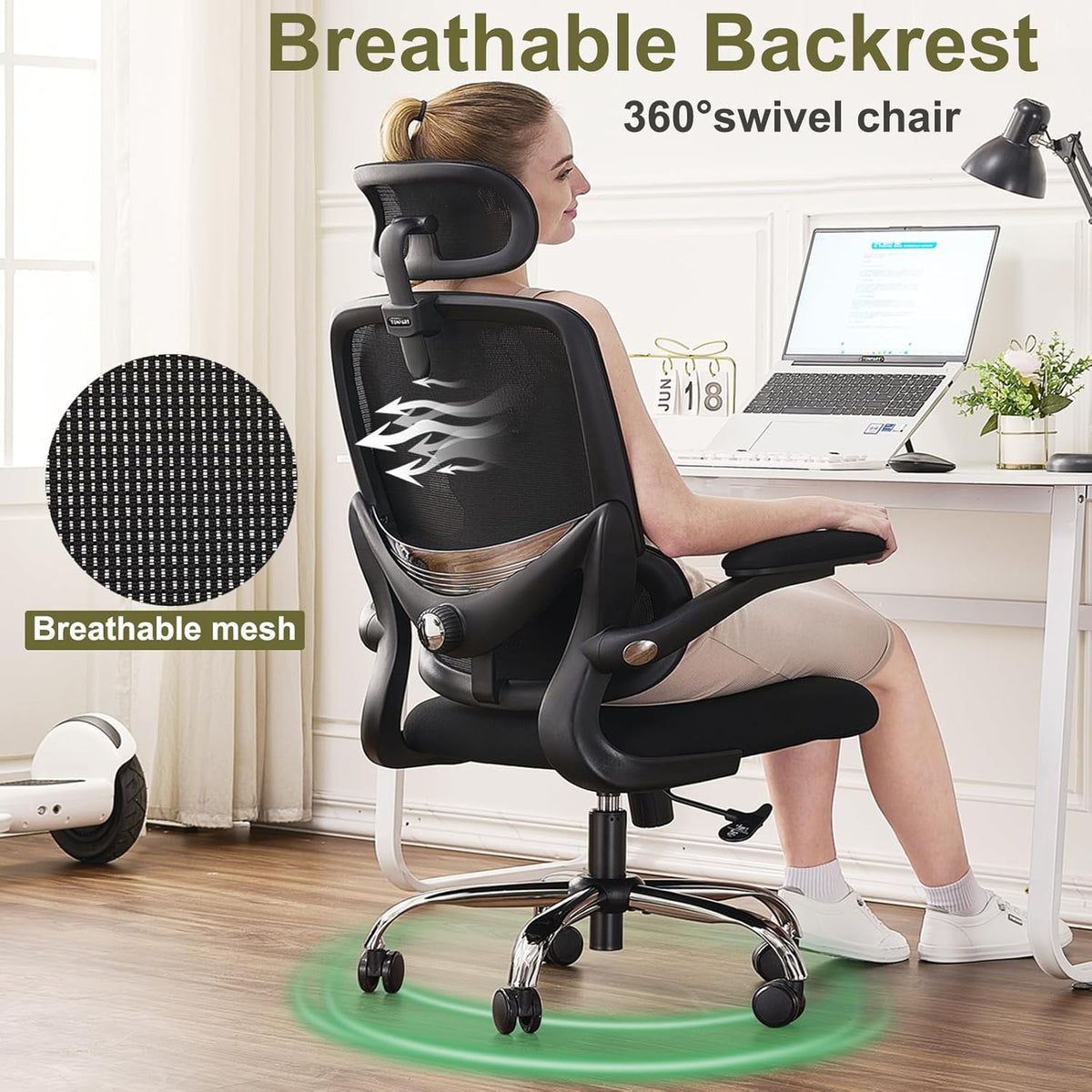 Ergonomic Office Chair, Swivel Office Chair with Mesh High Backrest, Adjustable Lumbar Support, Folding Armrests, Detachable Headrest, Space Saving, 155-185cm, up to 150kg