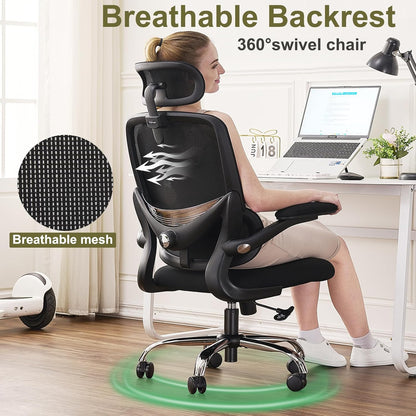 Ergonomic Office Chair, Swivel Office Chair with Mesh High Backrest, Adjustable Lumbar Support, Folding Armrests, Detachable Headrest, Space Saving, 155-185cm, up to 150kg