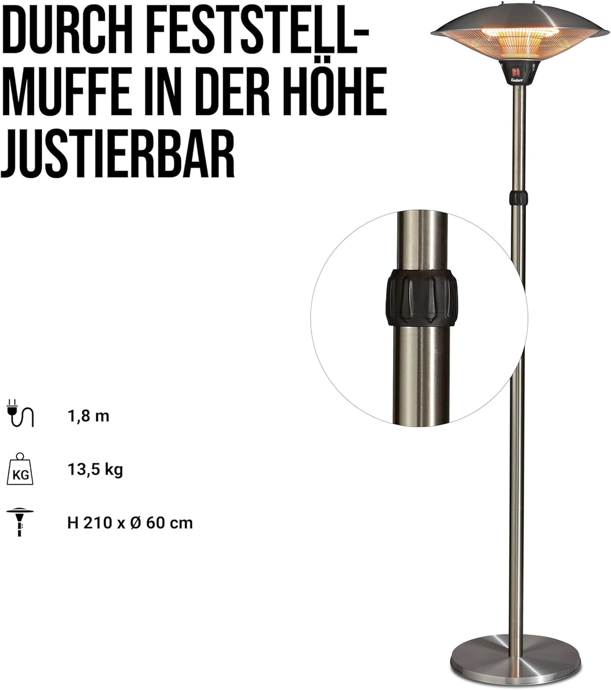 Enders BARCELONA Electric Patio Heater, Infrared Heater 4906, Tilt Protection, Height Adjustable, Electric Heater for Patio and Balcony - QUORE