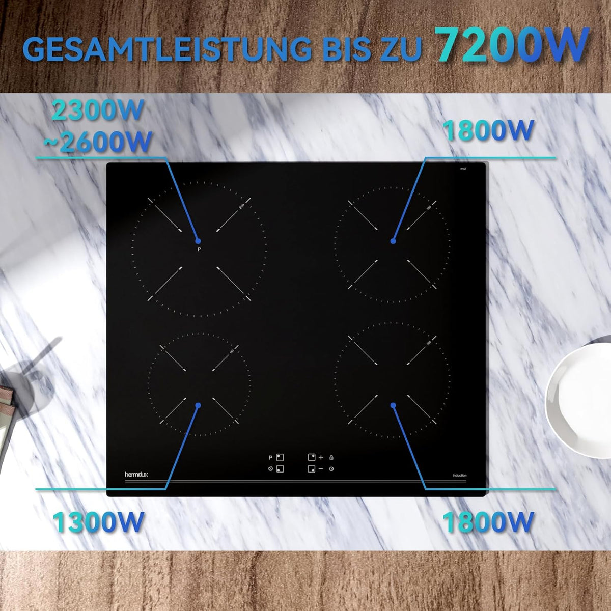 Hermitlux Inductiekookplaat, 60 cm, 4 kookplaten, 9 standen, Touch Slider Control, veiligheidskookplaat en timer, 7200 W
