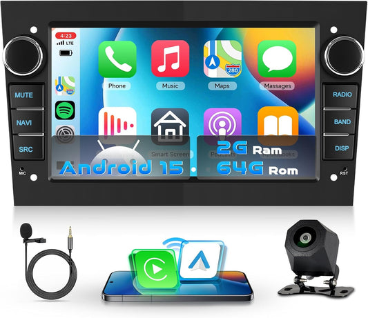 Autoradio Android 15 – Touchscreen Autoradio – Multimedia Systeem – GPS Navigatie – CarPlay Android Auto – 7-inch IPS Scherm – Draadloze Connectiviteit – Inclusief Achteruitrijcamera