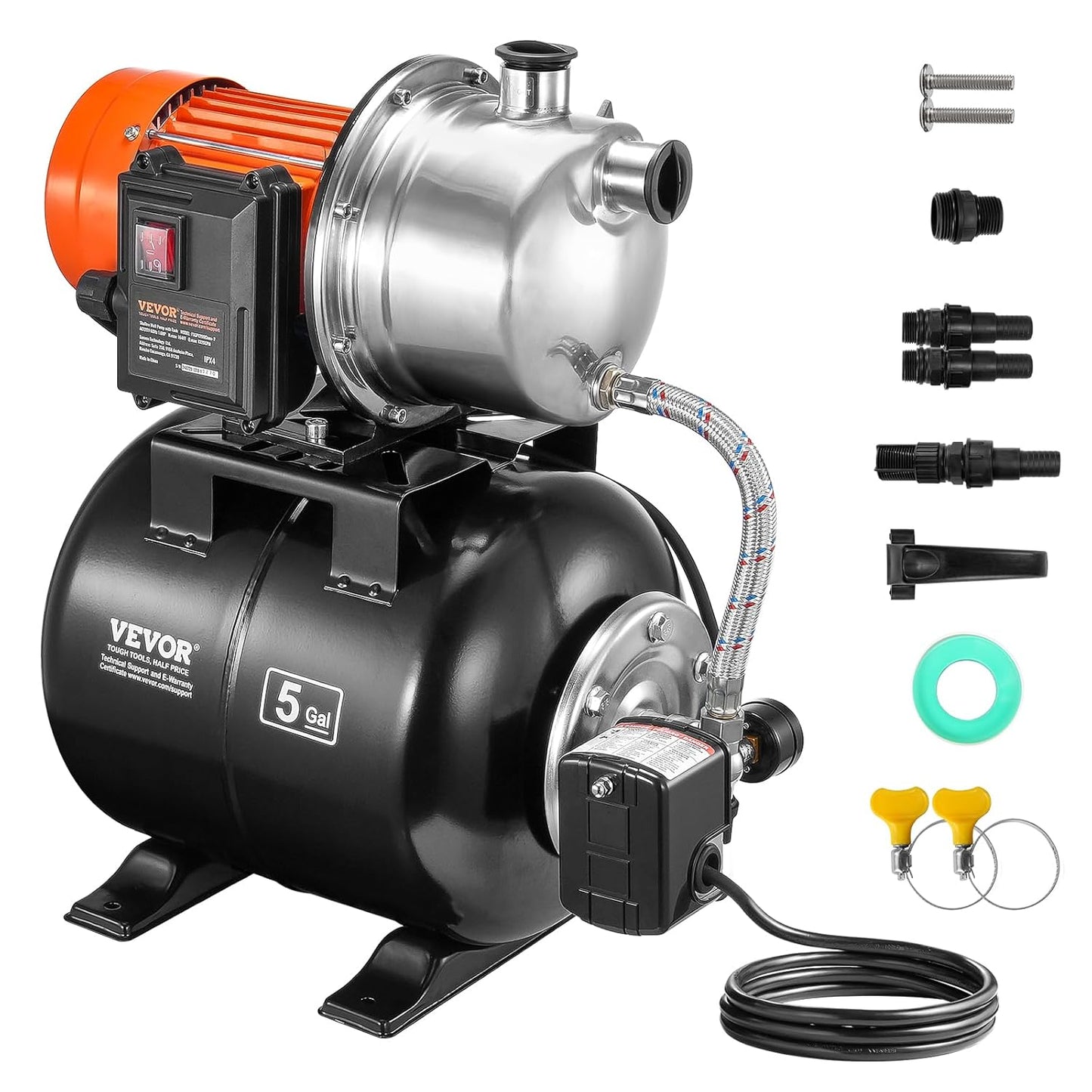 VEVOR 1176 W diepe bronpomp, 5600 l/u, automatische drukverhogingspomp voor irrigatie met 19 l drukreservoir, drukschakelaar, roestvrijstalen pompkop voor gazon
