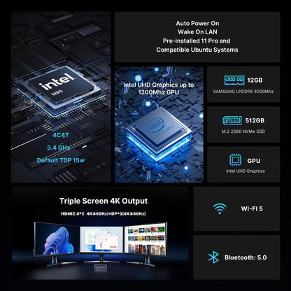 C2 Mini-pc, met Intel N150 processor (tot 3,6 GHz), mini-computer, 12 GB RAM, 512 GB SSD, mini-desktop-pc