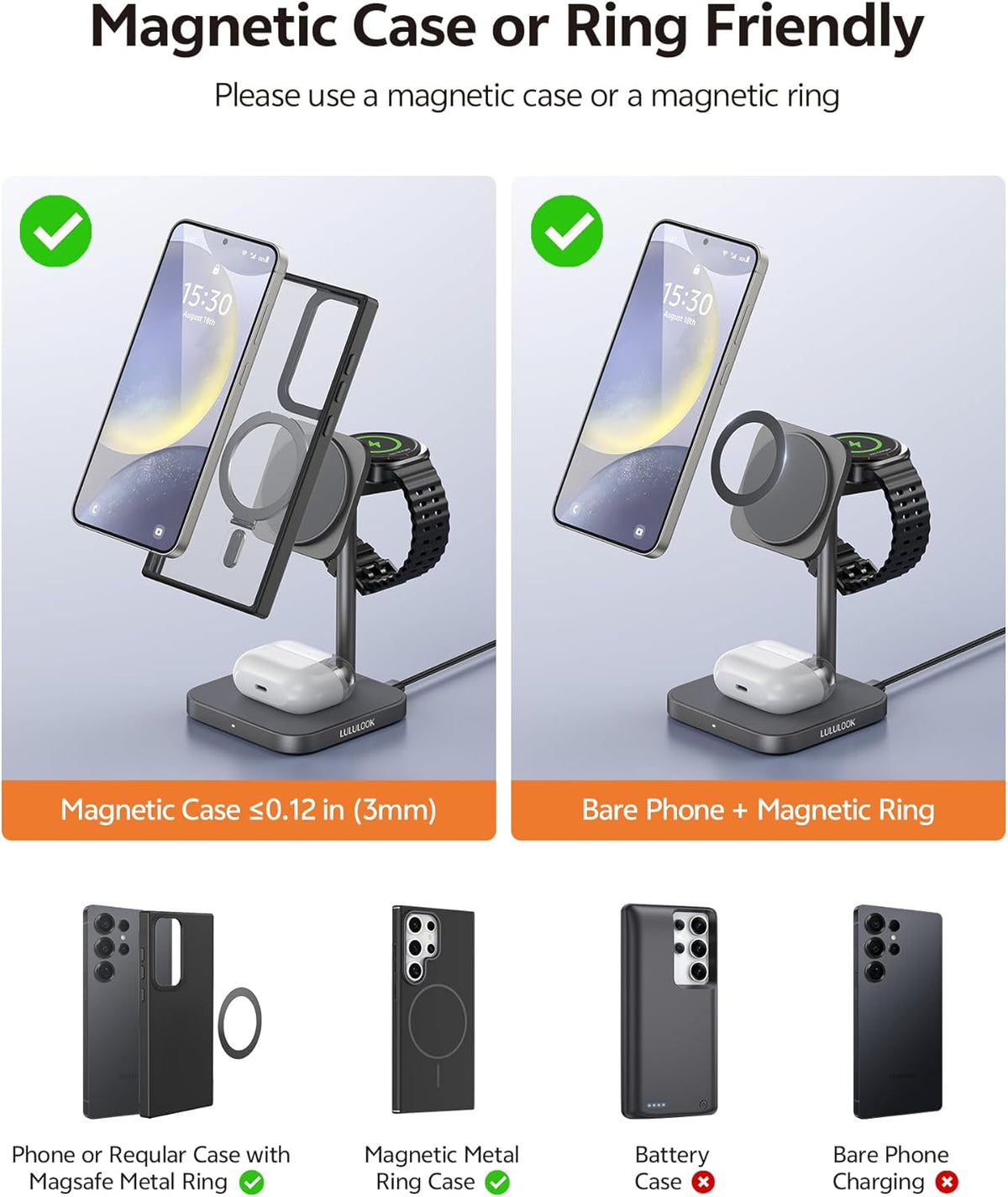 LULULOOK Inductief laadstation voor Samsung, aluminium 3-in-1 draadloze oplader voor Samsung S25 Ultra/S24/S23/Z/Note, draadloze oplader voor Galaxy Watch Ultra 7/6/5/4/3, Galaxy Buds (grijs)