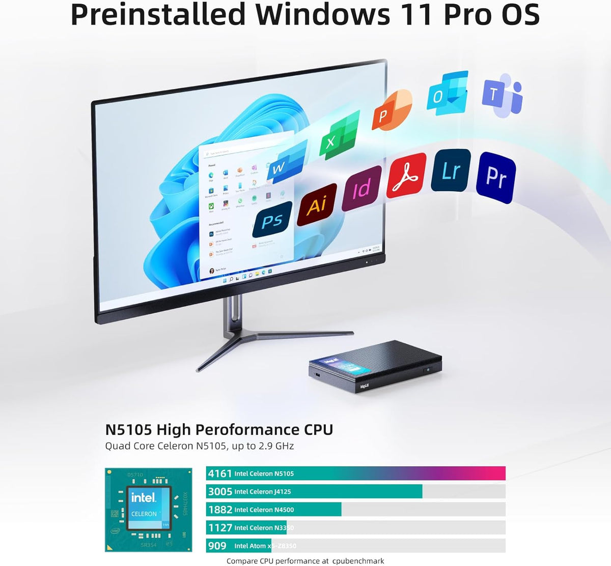 Mini PC – Micro Desktop – Compacte PC – Kleine Computer – Stille Desktop – Celeron N5105 8GB RAM 128GB Opslag – Fanless Geruisloos – Dual 4K HDMI & VESA Beugel