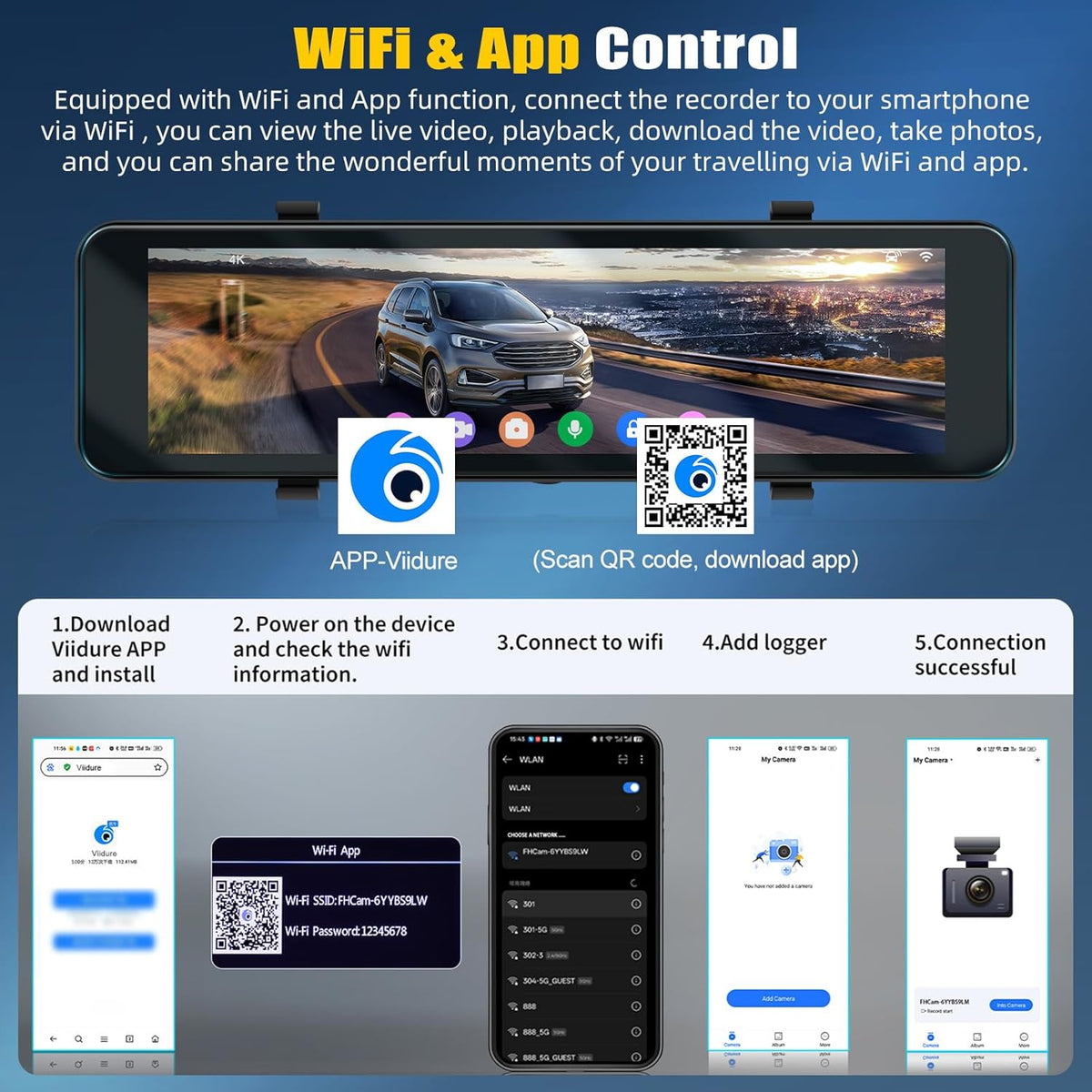 Spiegel Dashcam met Achteruitrijcamera – Dashcam, Autocamera, Spiegelcamera, Rijcamera – 10,88 Inch IPS-Touchscreen – 4K Voorcamera En 1080p Achtercamera