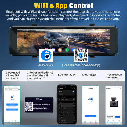 Spiegel Dashcam met Achteruitrijcamera – Dashcam, Autocamera, Spiegelcamera, Rijcamera – 10,88 Inch IPS-Touchscreen – 4K Voorcamera En 1080p Achtercamera