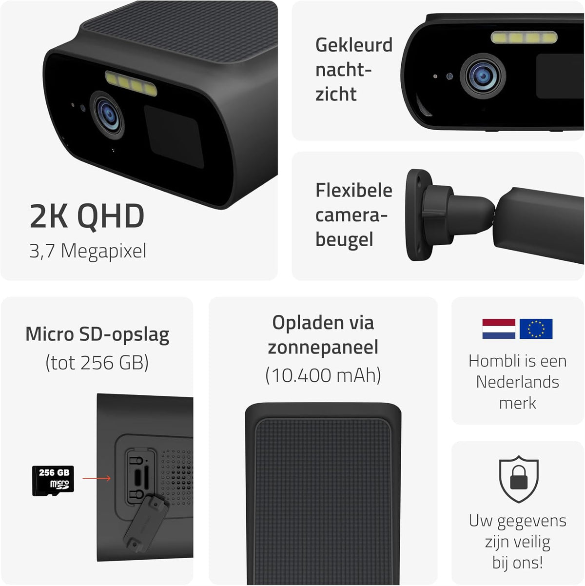 Hombli Zonnecamera 2K QHD – Milieuvriendelijke Oplaadbare Beveiligingscamera op Zonne-energie met Flexibele Bevestiging, Alarm & Schijnwerper – Infrarood & Kleurennachtzicht, Bewegingsdetectie, IP66
