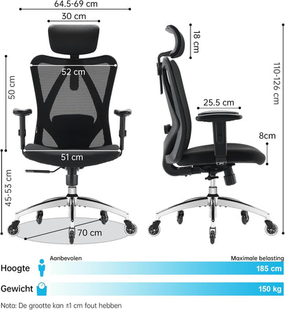 SIHOO Ergonomische bureaustoel, Computer Office Chair met verstelbare lendensteun en hoofdsteun, Ademende mesh-gamingstoel met comfortabel dik kussen en in hoogte verstelbare armleuningen, Thuisstudie draaistoel (zwart)