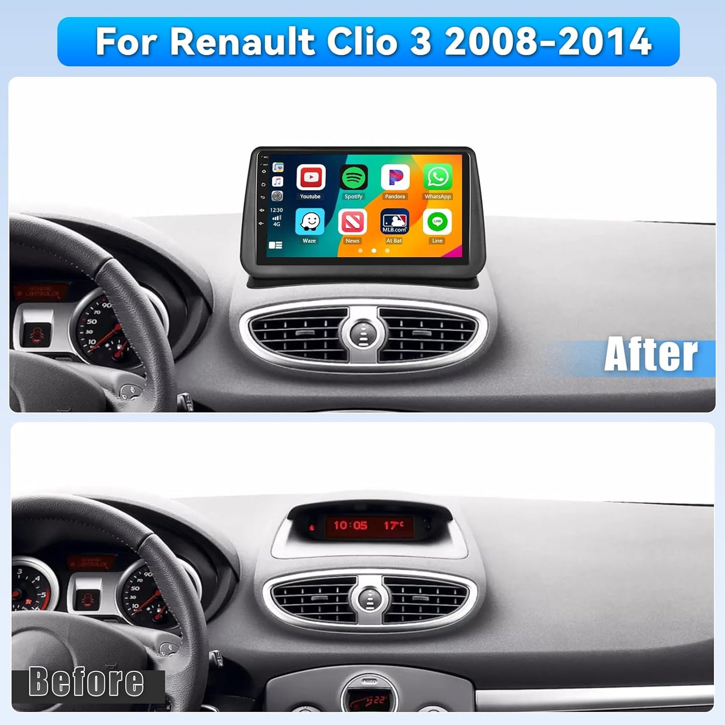 Roinvou 4+64G 2 DIN-autoradio voor Renault Clio 3 2008-2014 Draadloze Carplay Android Auto, Android 9 inch autoradio met touchscreen MirrorLink Bluetooth WiFi GPS 32EQ RDS/FM SWC Camera