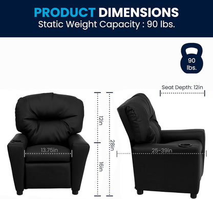 Flash Furniture Contemporary Kids Fauteuil met bekerhouder, leer, zwart ledersoft, set van 1