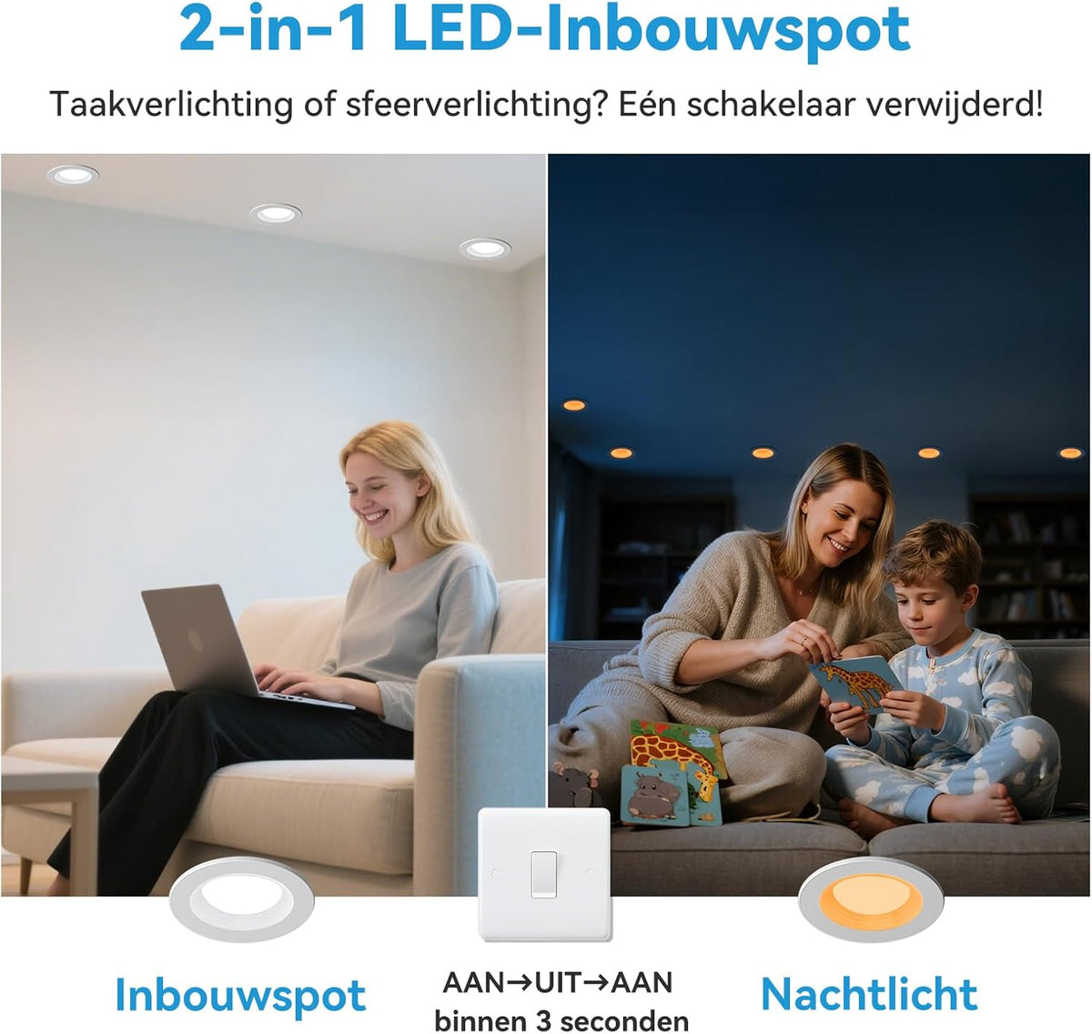KEELED Inbouwspots voor Plafond, Inbouwverlichting met Nachtlampfunctie, 230V, 6W, 3 kleurtemperaturen 3000K/4000K/6000K selecteerbaar, 70-85mm inbouwgat, 24 stuks