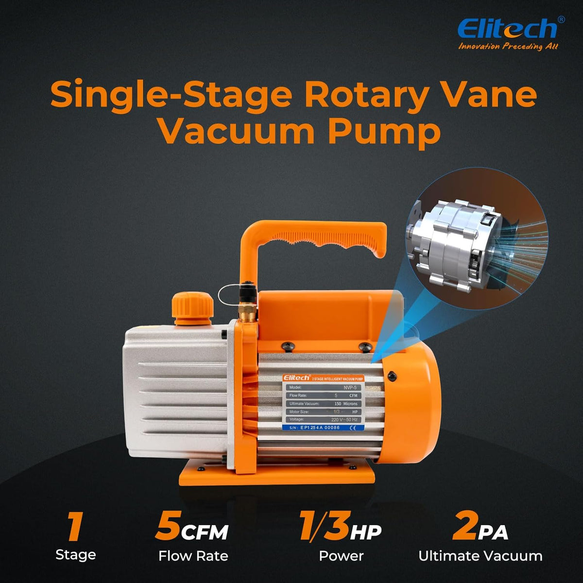 Elitech NVP-5 HLK Vacuum Pump 5CFM (8.5 m³/h), 2 l/S 1/3 HP (0.25 kW), Single Stage Rotary Vacuum Pump for HVAC and Cooling Systems, CE Certified, Industrial Quality, Sustainable and Low Maintenance - QUORE