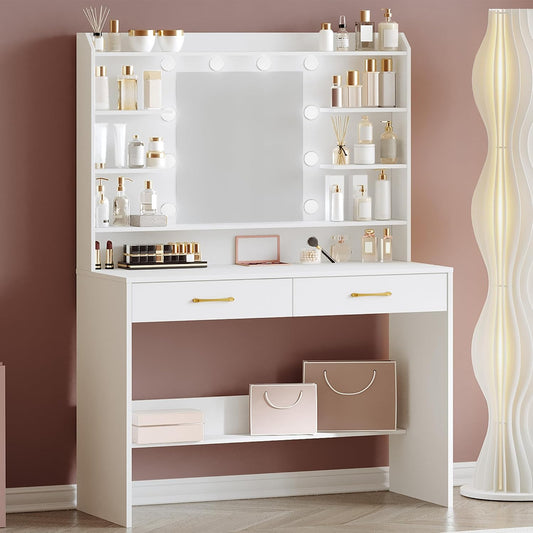 Hzuaneri Dressing Table with Mirror and LED Lighting, Adjustable Brightness, Dressing Table with Shelves and 2 Drawers, for Bedroom, Living Room, 40 X 100 X 149 cm, WhiteDT38703X