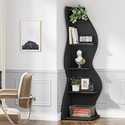 Tribesigns Corner Shelf, 178 cm High, Storage Shelf, Bookcase, Plant Stand, Organizer, 5 Levels, Modern, for Home, Office, Living Room, Bedroom, Balcony, Black, 1 Piece