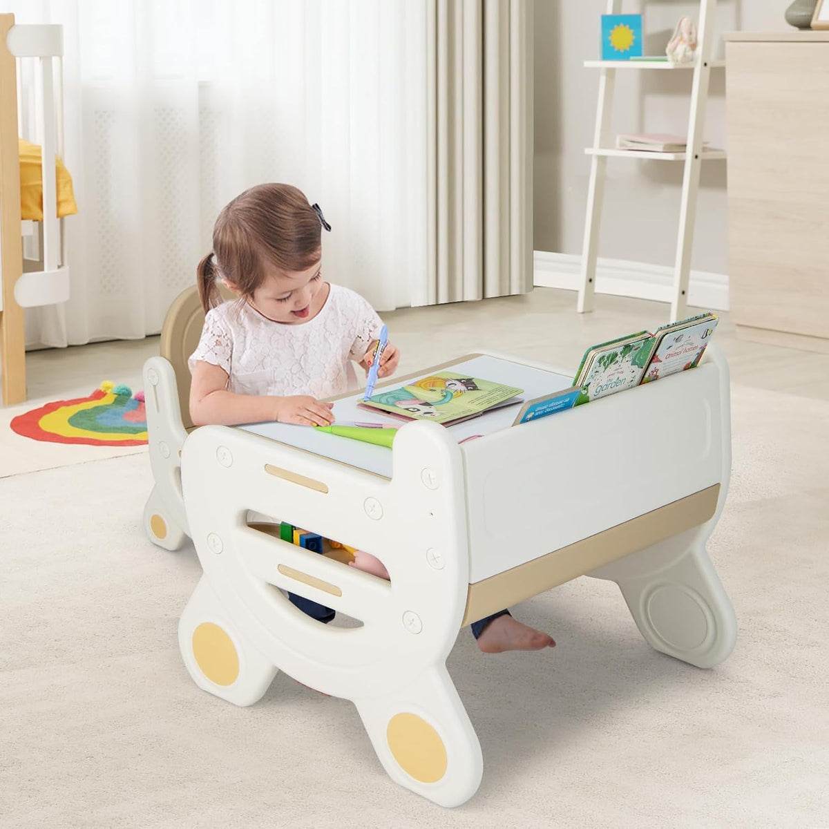 FANTASK Kinderzitgroep met in hoogte en kantelbaar tafelblad, kindertafel met kruk, om te tekenen, leren, spelen en eten, voor kinderen vanaf 3 jaar (bruin)