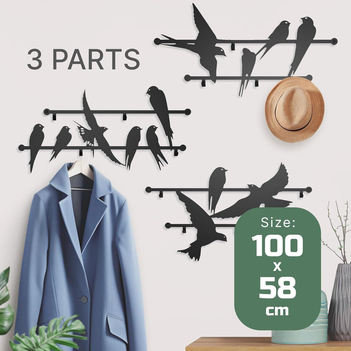 Entree kapstok 3 stuks metalen 2 mm wandontwerp gemonteerde vogels 68 x 106 cm - zwaar belastbare haken voor hal voor kinderen en volwassenen, decoratieve Art Deco ijzeren kledinghouder, slanke