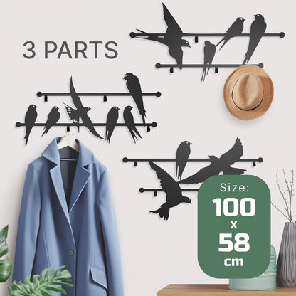 Entree kapstok 3 stuks metalen 2 mm wandontwerp gemonteerde vogels 68 x 106 cm - zwaar belastbare haken voor hal voor kinderen en volwassenen, decoratieve Art Deco ijzeren kledinghouder, slanke