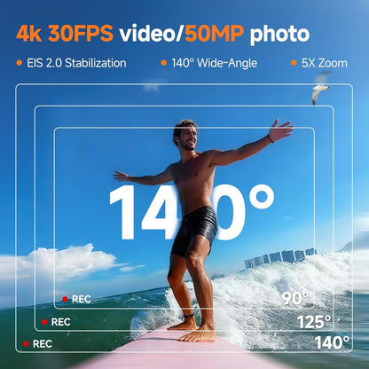 SVBONY SvGo2 Action Camera 4K30FPS, 20MP, Waterdichte Behuizing Onderwatercamera 30M, 5x Zoom Touchscreen Sportcamera's, met Bekabelde Microfoon, EIS Anti-shake, Afstandsbediening, voor Sport Vlog